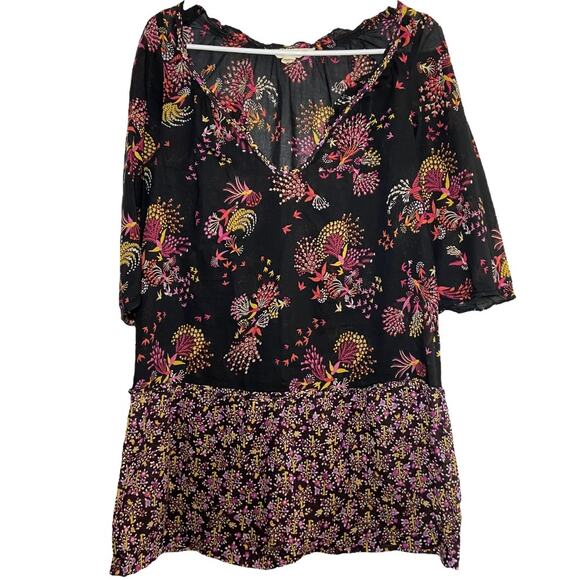 Anthropologie Lilka Tunic Dress V-Neck 3/4 Sleeve Floral Bird Print XS Black - Picture 2 of 5